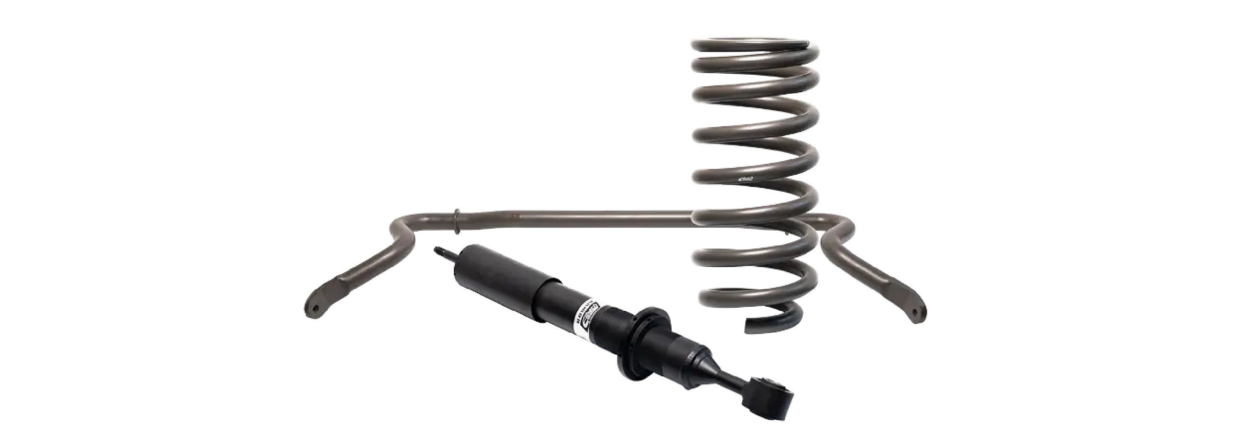 Eine schwarze Kfz-Schraubenfeder, ein Stabilisator und ein Stoßdämpfer für Sonderschutzfahrzeuge oder Spezialfahrzeuge werden auf einem schlichten weißen Hintergrund dargestellt.
