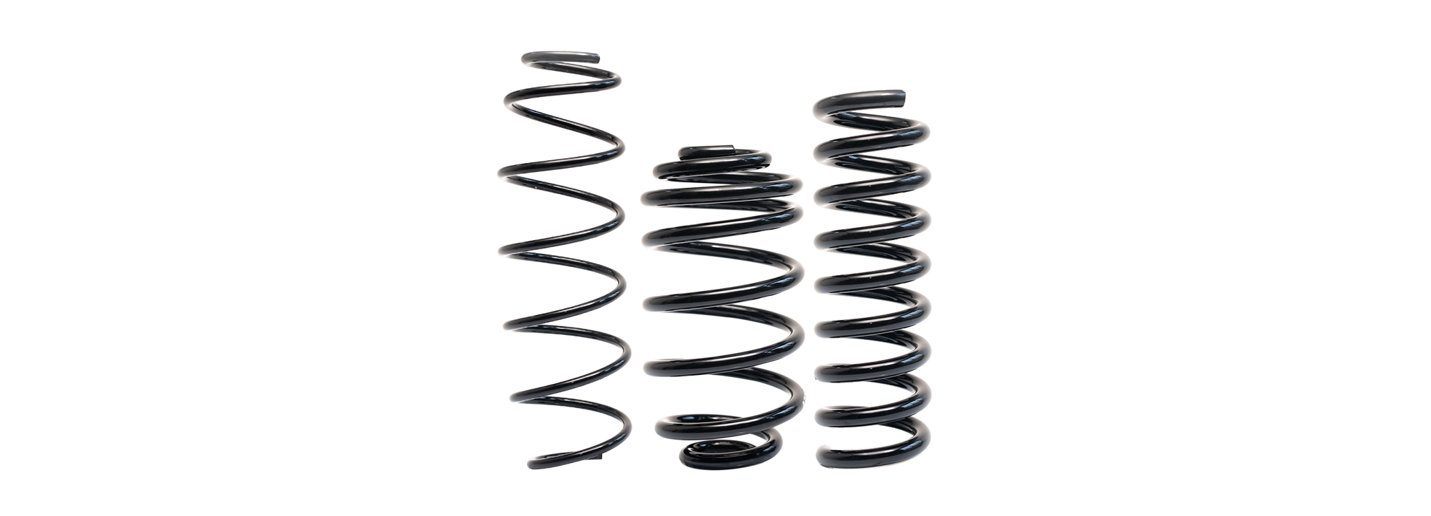 Three black, coiled replacement metal springs in different shapes and sizes stand upright against a white background, while faint white text in the background lists the features of the high-quality replacement springs.