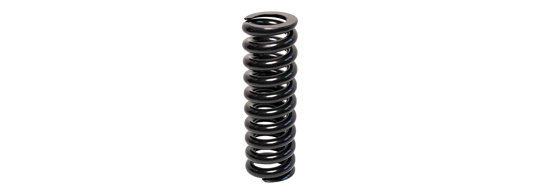 Eine schwarze, zylindrische Spiralfeder steht aufrecht vor einem hellen Hintergrund. Auf beiden Seiten der Feder sind technische Daten und Materialangaben in schwacher deutscher Sprache angegeben.