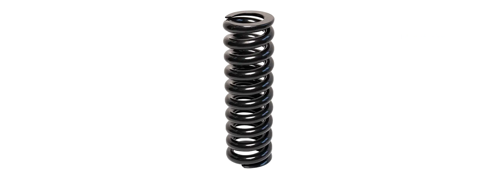 Eine einzelne schwarze Metalldruckfeder steht senkrecht auf weißem Hintergrund, um sie herum werden in hellgrauer Schrift schwache technische Daten und Materialinformationen angezeigt.