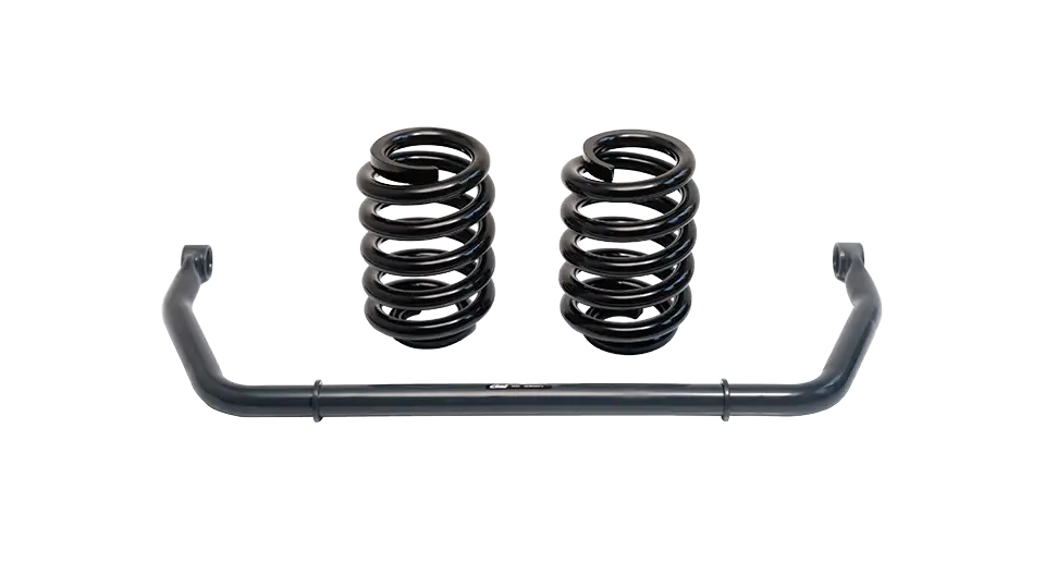 A set consisting of two black metal coil springs and a black stabilizer bar, designed to enhance driving safety and secure handling, displayed on a clean white background.