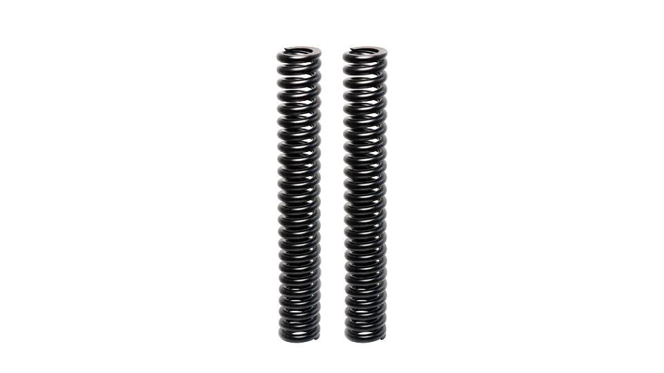 Two identical black metal compression springs are standing upright next to each other on a plain white background.