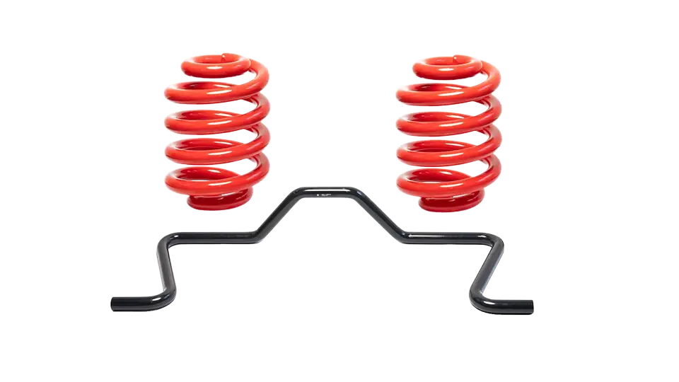 Two bright red motorhome lift springs and a black stabilizer bar are shown on a white background, with the stabilizer positioned below the motorhome springs.