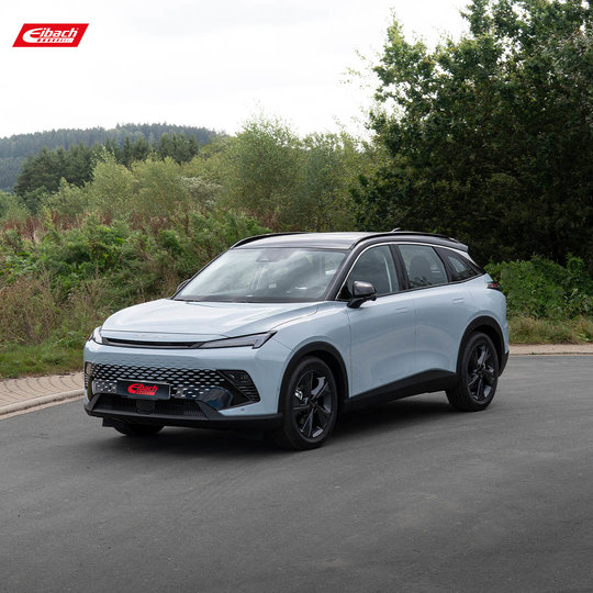 Ein moderner hellgrauer SUV parkt auf einer asphaltierten Straße mit Bäumen und Grün im Hintergrund. Das Fahrzeug hat schwarze Räder und ein elegantes Design mit einem roten Eibach-Logo in der oberen linken Ecke.
