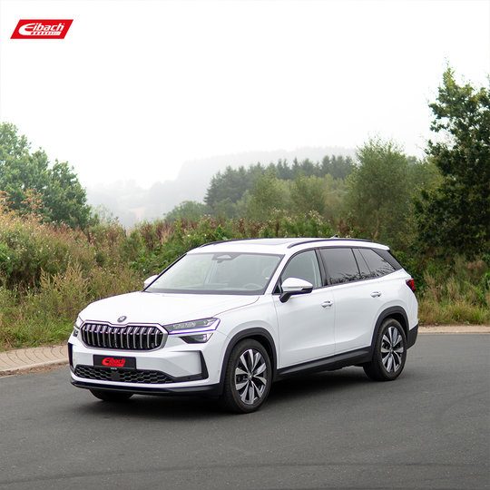 Ein weißer SUV parkt auf einer asphaltierten Straße, umgeben von Grün und Bäumen, im Hintergrund ein bewölkter Himmel. Das Auto hat ein modernes Design und das Eibach-Logo ist in der oberen linken Ecke sichtbar.