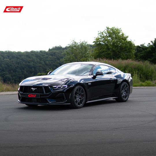 A black Ford Mustang sports car parked on an asphalt road with green grass, bushes, and trees in the background under a cloudy sky. The Eibach logo appears in the top left corner. A black Ford Mustang sports car parked on an asphalt road with green grass, bushes, and trees in the background under a cloudy sky. The Eibach logo appears in the top left corner.