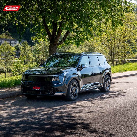 A black SUV is parked on a sunny roadside under a tree, with greenery and trees in the background. The vehicle is reflecting sunlight, and the Eibach logo is visible in the top left corner of the image. A black SUV is parked on a sunny roadside under a tree, with greenery and trees in the background. The vehicle is reflecting sunlight, and the Eibach logo is visible in the top left corner of the image.