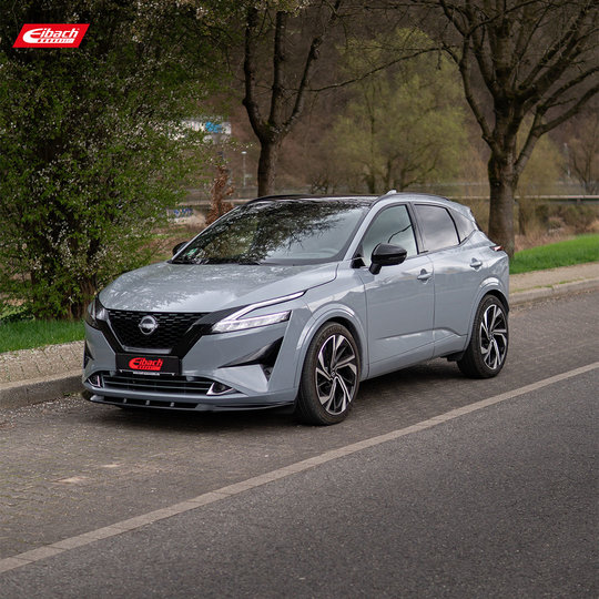 A silver Nissan crossover SUV with sleek black accents is parked on the side of a tree-lined road, featuring Eibach branding on the license plate and image corner. A silver Nissan crossover SUV with sleek black accents is parked on the side of a tree-lined road, featuring Eibach branding on the license plate and image corner.