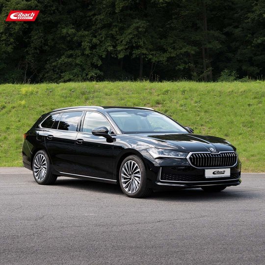 A black Škoda wagon is parked on a paved road in front of a grassy embankment and trees, with the Eibach logo in the top left corner. A black Škoda wagon is parked on a paved road in front of a grassy embankment and trees, with the Eibach logo in the top left corner.