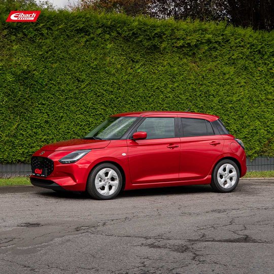 A shiny red compact hatchback car is parked on a paved road in front of a tall, dense green hedge. The weather appears overcast, and the car features four doors and silver wheels. A shiny red compact hatchback car is parked on a paved road in front of a tall, dense green hedge. The weather appears overcast, and the car features four doors and silver wheels.