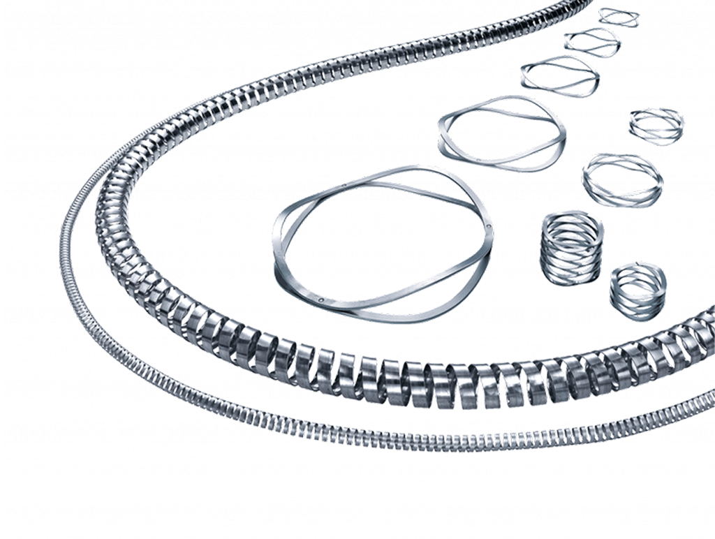 Verschiedene metallische Spiralfedern und Ringe in unterschiedlichen Formen und Größen sind auf einem weißen Hintergrund angeordnet und zeigen ihre Designs und Formen von einem führenden Hersteller von Spiralfedern.