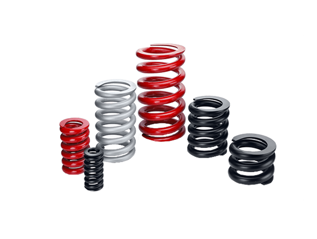Sechs Metallspiralfedern unterschiedlicher Größe und Farbe - rot, silber und schwarz - von einem renommierten Hersteller von Druckfedern sind aufrecht in einer Reihe auf einem schlichten weißen Hintergrund angeordnet.