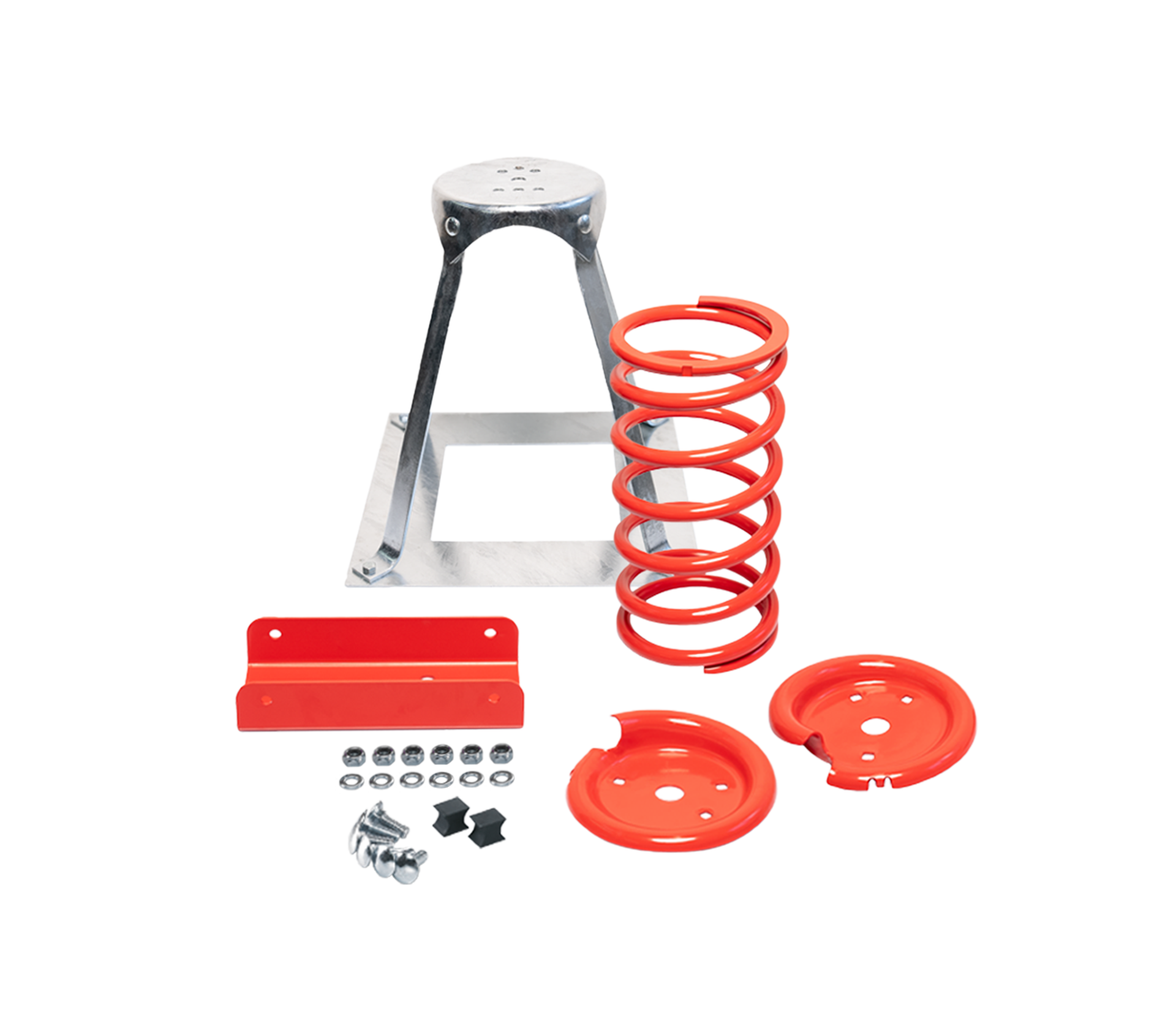 Metallfederkompressor-Kit für Kraftfahrzeuge mit silbernem Rahmen, großer roter Schraubenfeder, passenden roten Halterungen und Platten sowie verschiedenen Schrauben und Unterlegscheiben, perfekt für die Verwendung mit kundenspezifischen Drehstäben oder vertrauenswürdig für jeden Top-Drehstabhersteller.