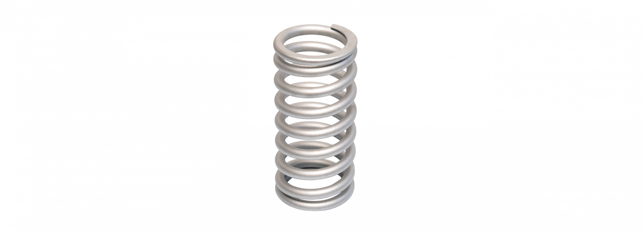 Eine metallische Schraubendruckfeder steht aufrecht vor einem schlichten, hellen Hintergrund, mit schwachen technischen Angaben in deutscher Sprache, die ihre Verwendung als hochleistungs ventilfedern oder federn für einspritzsysteme hervorheben.