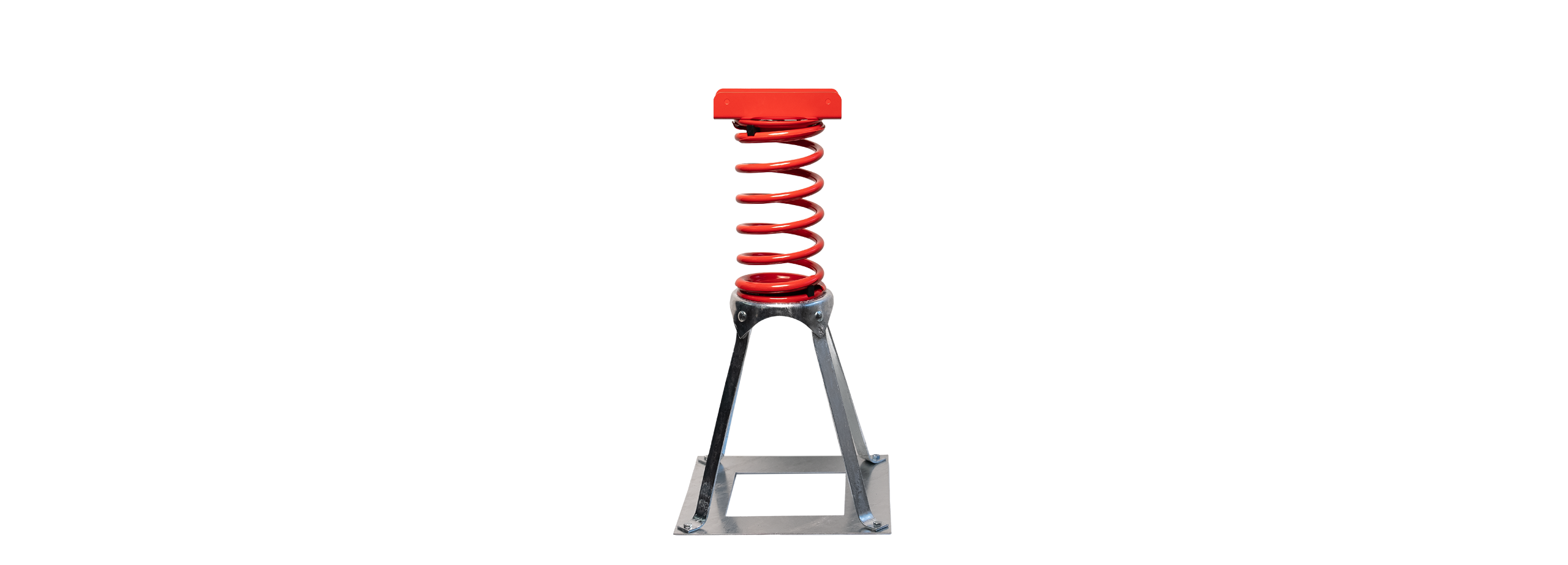 Eine rote Metallspiralfeder ist auf einem grauen rechteckigen Sockel mit einer Plattform obenauf montiert. Der deutsche Text um das Bild hebt Merkmale wie individuelle Farben, optimierte Grundplatte, patentiertes Federelement und verzinkte Verankerung hervor.