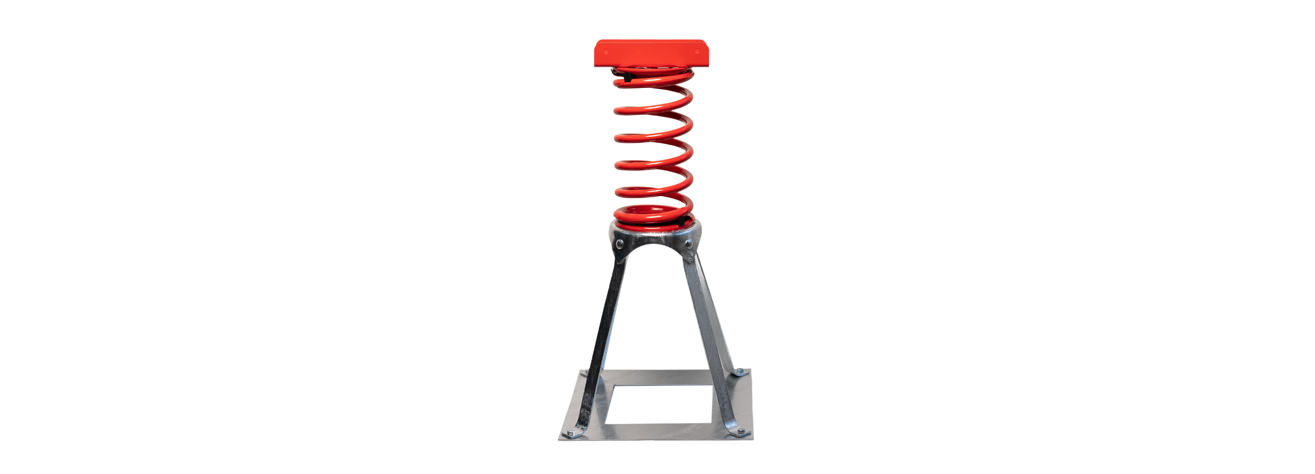 A metal spring rider with a red spring and a platform, labeled with features: standard/heavy-duty springs, custom coatings, weight-optimized base, spring plate, mounting bracket, and galvanized ground anchor.