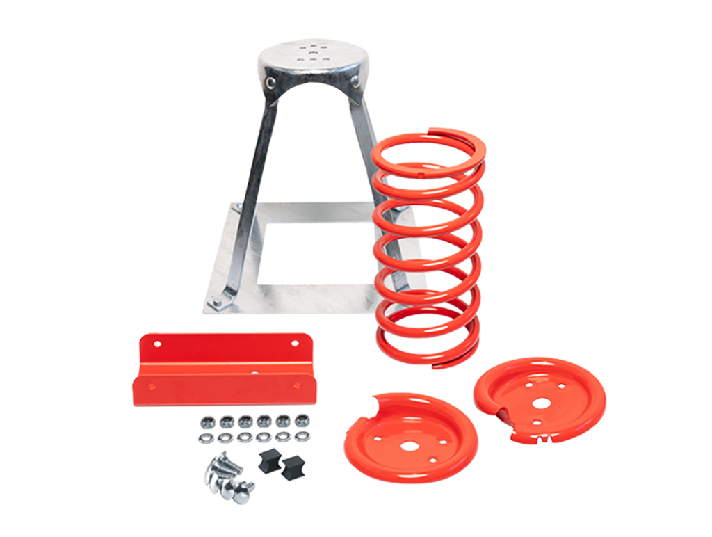 Ein Hockergestell aus Metall, eine große rote Spiralfeder, zwei rote runde Platten, ein roter Bügel und verschiedene Schrauben und Bolzen von einem spielplatzfedern hersteller sind auf einem weißen Hintergrund angeordnet.