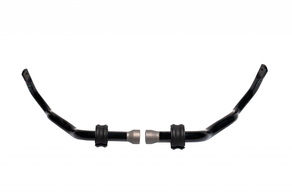 A black metal automotive sway bar with two silver bushings and brackets attached, isolated on a white background.