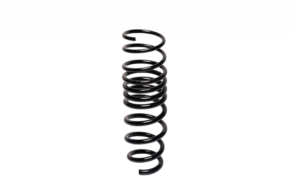 Eine schwarze Metallspiralfeder, die aufrecht vor einem schlichten weißen Hintergrund steht.