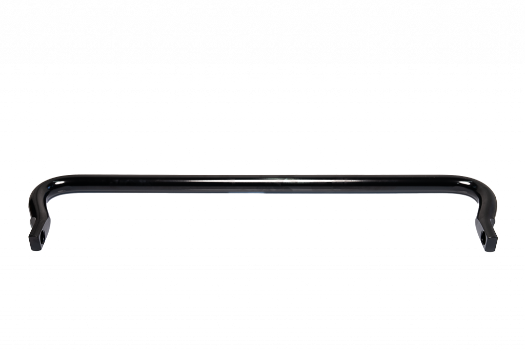 Ein schwarzer Metalllenker mit leichten Aufwärtskurven an beiden Enden, horizontal vor einem weißen Hintergrund positioniert.