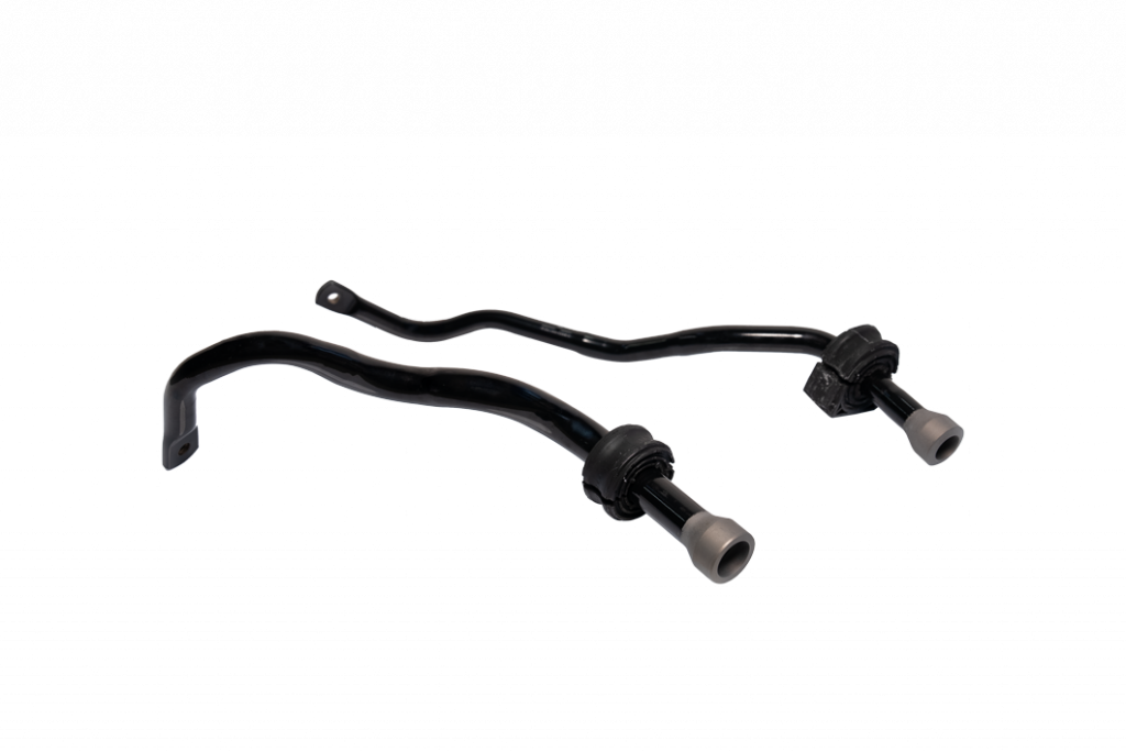 Two black metal automotive sway bars with gray bushings and mounting brackets, placed on a white background.