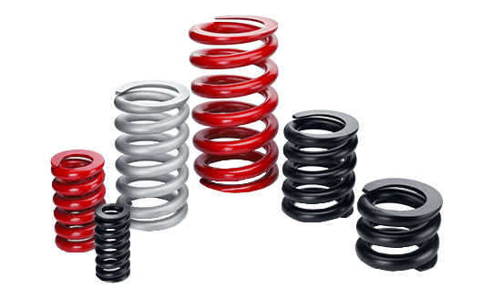 Sechs gewundene Metallfedern von unterschiedlicher Höhe und Dicke sind in einer Reihe angeordnet. Die Federn sind rot, silber und schwarz lackiert, wobei jede Farbe durch zwei Federn unterschiedlicher Größe repräsentiert wird.