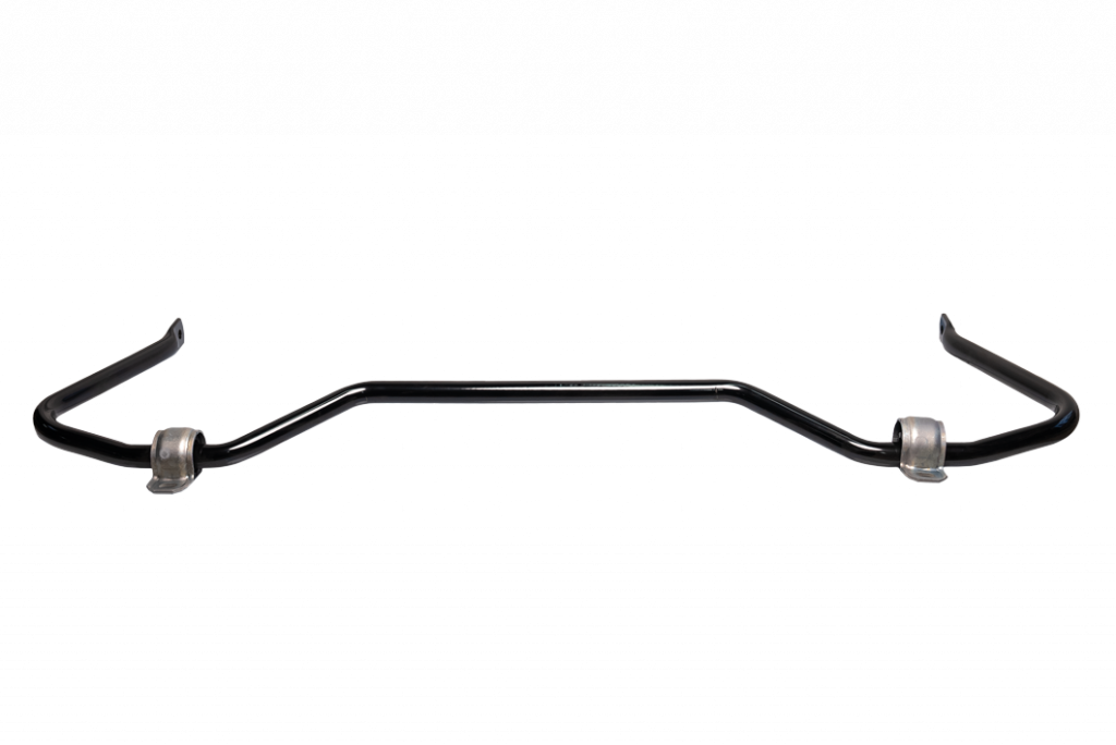 A black metal automotive sway bar with two mounting brackets attached, displayed on a white background.