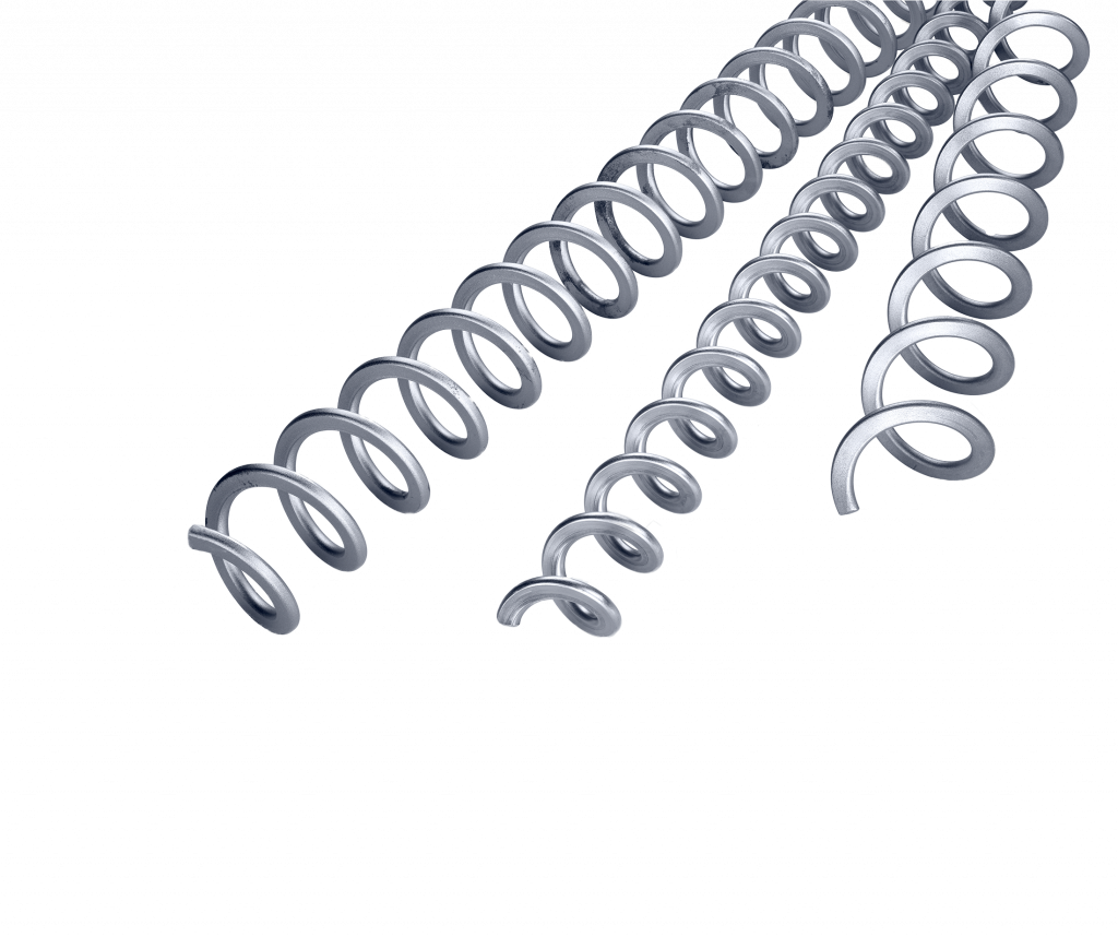 Vier unterschiedlich große Metallspiralen in einer Reihe auf weißem Hintergrund, jede Spule etwas größer als die nächste - ideal als Dosierspiralen metall oder Spiralen für Fördersysteme in modernen Industrieanwendungen.