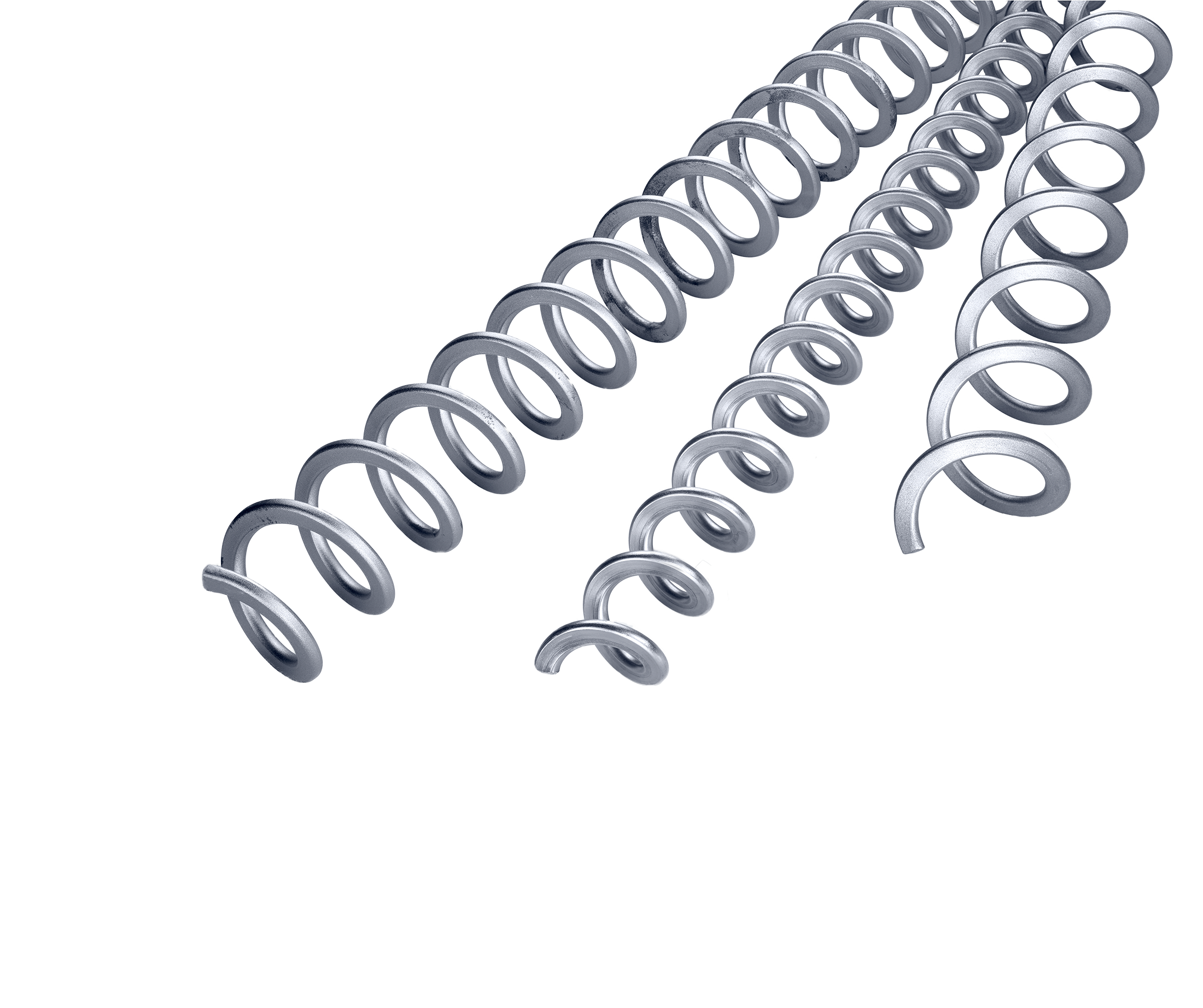 Vier unterschiedlich große Metallspiralen in einer Reihe auf weißem Hintergrund, jede Spule etwas größer als die nächste - ideal als Dosierspiralen metall oder Spiralen für Fördersysteme in modernen Industrieanwendungen.