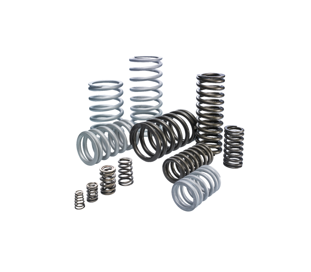 Eine Vielzahl von Metallspiralfedern in verschiedenen Größen und Farben, darunter Silber, Weiß und Schwarz - die die Präzision der maßgefertigten Torsionsstäbe zeigen - sind aufrecht auf einem schlichten weißen Hintergrund angeordnet.