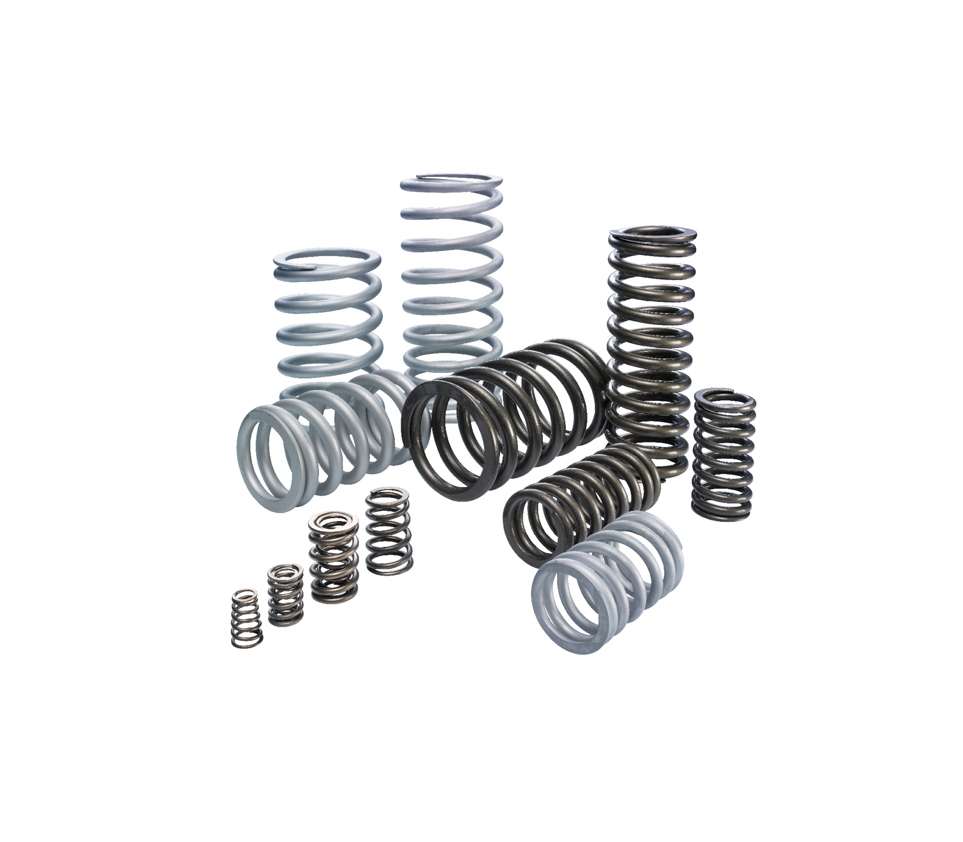 Eine Vielzahl von Metallspiralfedern in verschiedenen Größen und Farben, darunter Silber, Weiß und Schwarz - die die Präzision der maßgefertigten Torsionsstäbe zeigen - sind aufrecht auf einem schlichten weißen Hintergrund angeordnet.