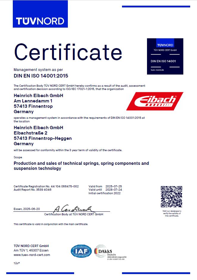 A TÜV NORD ISO 14001 certificate, one of the key product certifications, awarded to Heinrich Eibach GmbH for their production and sales of technical springs and suspension technology, valid until 2027.