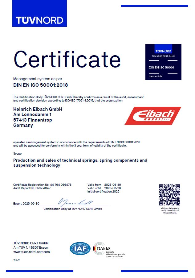 A TUV NORD ISO certification for Heinrich Eibach GmbH, confirming compliance with DIN EN ISO 50001:2018 for the production and sales of technical springs, spring components, and suspension technology.