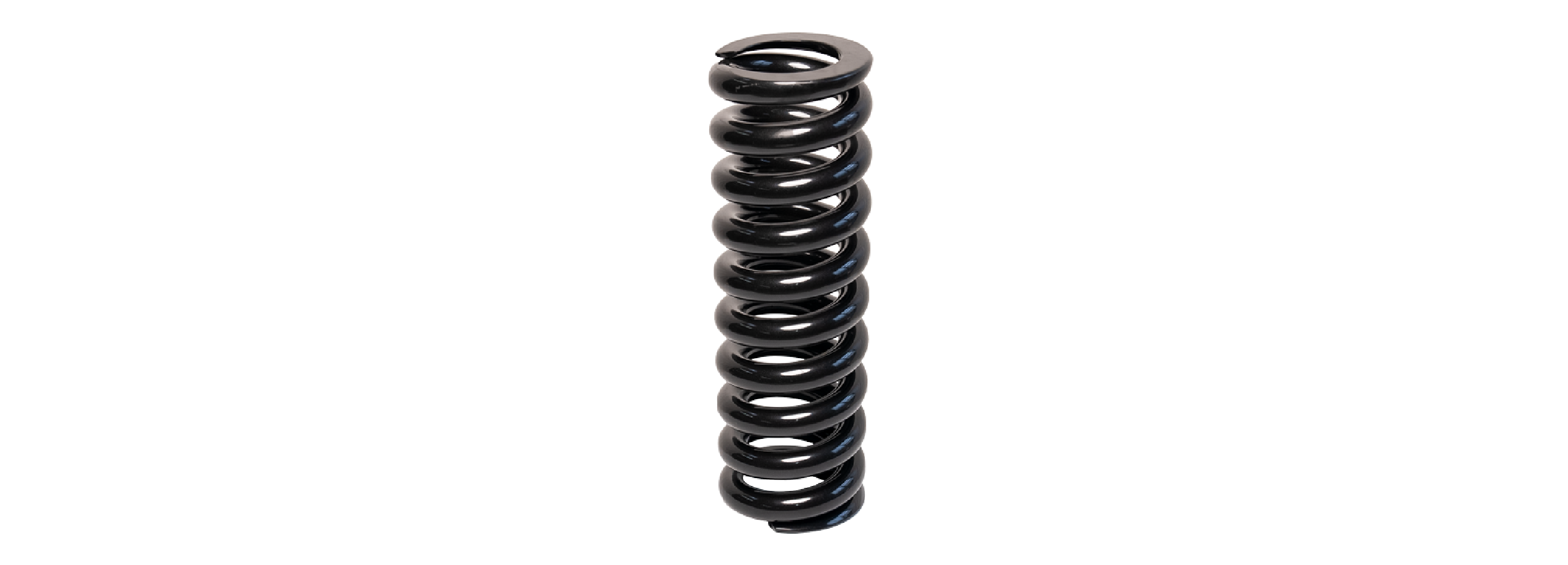 Eine schwarze Metallspiralfeder ist auf weißem Hintergrund zentriert. Der deutsche Text auf beiden Seiten listet Spezifikationen, Normen (EN 10270-1, EN 10270-2), Materialarten und Produktionsdetails im Zusammenhang mit Federn auf.