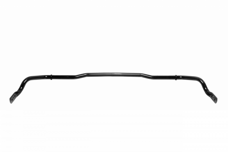 A black tubular stabilizer bar with mounting holes at both ends, manufactured by a producer of tubular stabilizers, isolated on a white background.