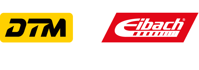 Zwei Logos nebeneinander: das DTM-Logo auf gelbem Hintergrund in schwarzer Schrift und das Eibach-Logo in weißer Schrift auf rotem Hintergrund. Darunter steht der Schriftzug Official Supplier in heller Schrift.