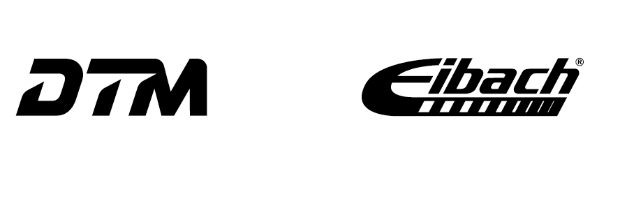 Die Logos von DTM und Eibach nebeneinander auf hellem Hintergrund, darunter der Schriftzug Official Supplier in hellgrauer Schrift.