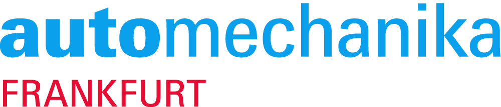 Logo mit dem Wort automechanika in blauen Kleinbuchstaben und FRANKFURT in roten Großbuchstaben darunter, auf hellgrauem Hintergrund.