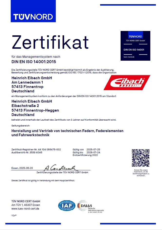 Ein Zertifikat des TÜV NORD, das der Heinrich Eibach GmbH die Einhaltung der DIN EN ISO 14001:2015 für das Umweltmanagement bescheinigt, mit Angabe der Kompetenz von federungstechnologie, Unternehmensangaben, Unterschriften und offiziellen Logos.