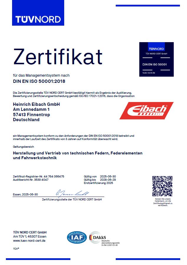 Zertifikat des TÜV NORD, das der Heinrich Eibach GmbH die Erfüllung der DIN EN ISO 50001:2018 für Energiemanagementsysteme bescheinigt und die eibach qualität in federungstechnologie zeigt. Enthält die Firmenadresse, Logos und Zertifizierungsdetails in deutscher Sprache.