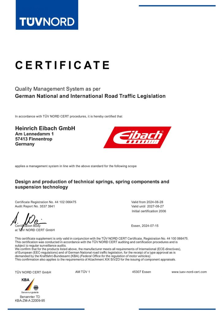 Zertifikat zum Nachweis, dass die Heinrich Eibach GmbH ein Qualitätsmanagementsystem für die Entwicklung und Herstellung von technischen Federn und Fahrwerkstechnik durch die Eibach-Produktion anwendet, ausgestellt vom TÜV NORD CERT.