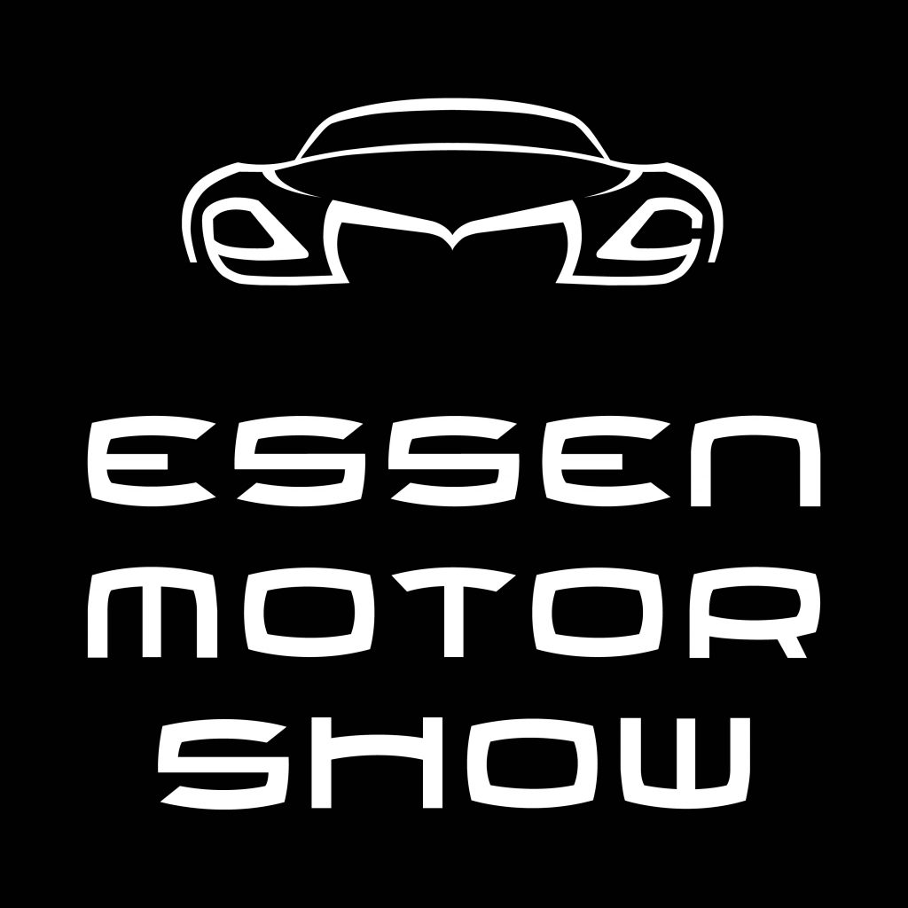 Logo mit dem Umriss eines weißen Autos über dem fettgedruckten Text ESSEN MOTOR SHOW auf schwarzem Hintergrund.
