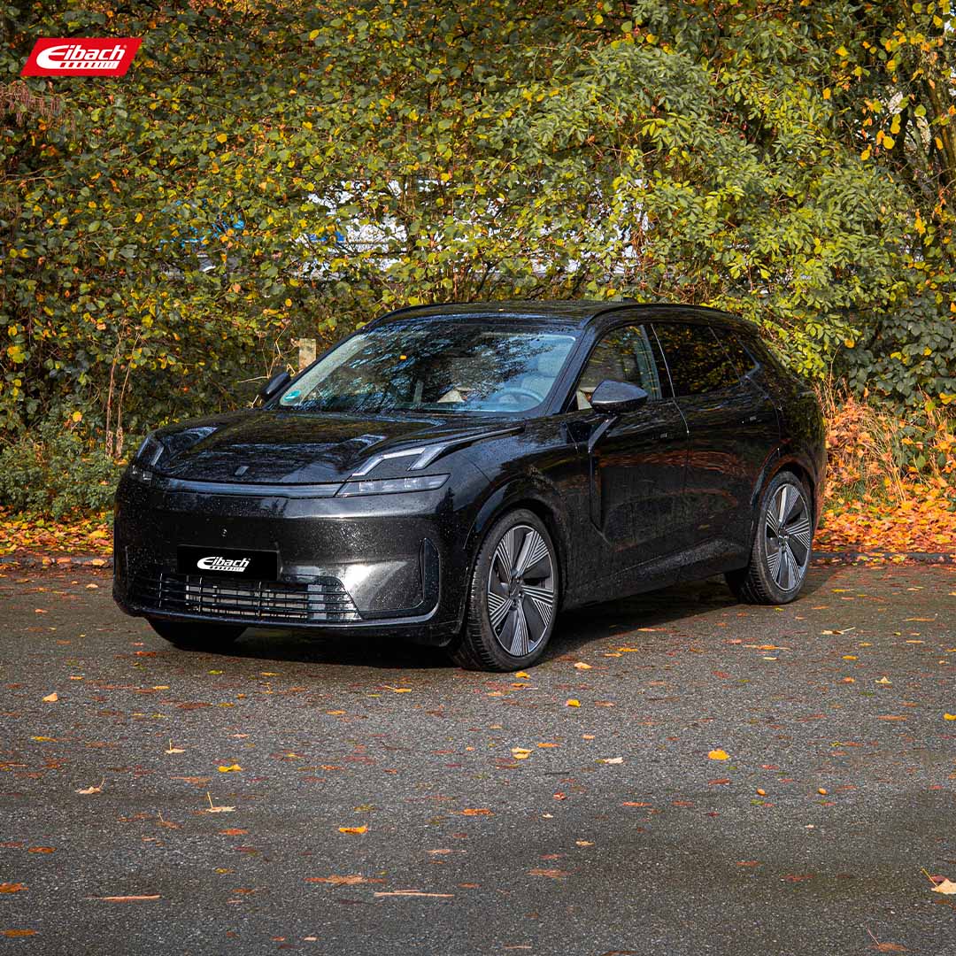 Ein schwarzer Elektro-SUV steht auf einer nassen, mit Laub bedeckten Straße, umgeben von Bäumen mit Herbstlaub. In der oberen linken Ecke ist das Eibach-Logo zu sehen.