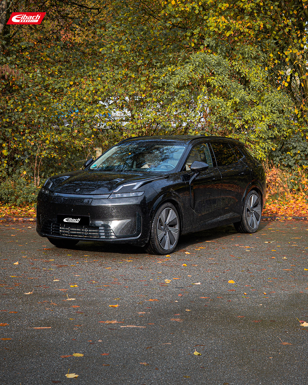 Ein schwarzes Elektroauto der Marke Lynk 08 steht auf nasser Fahrbahn vor herbstlichen Bäumen mit grünen und gelben Blättern. Das Eibach-Logo ist an der vorderen Stoßstange und in der oberen linken Ecke zu sehen.