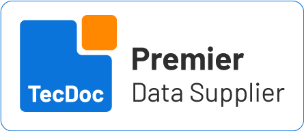 TecDoc-Logo „Premier Data Supplier“ mit einem blauen Quadrat und einem kleinen orangefarbenen Quadrat, auf dem rechts in weißer Schrift „TecDoc“ und in schwarzer Schrift „Premier Data Supplier“ zu lesen ist.